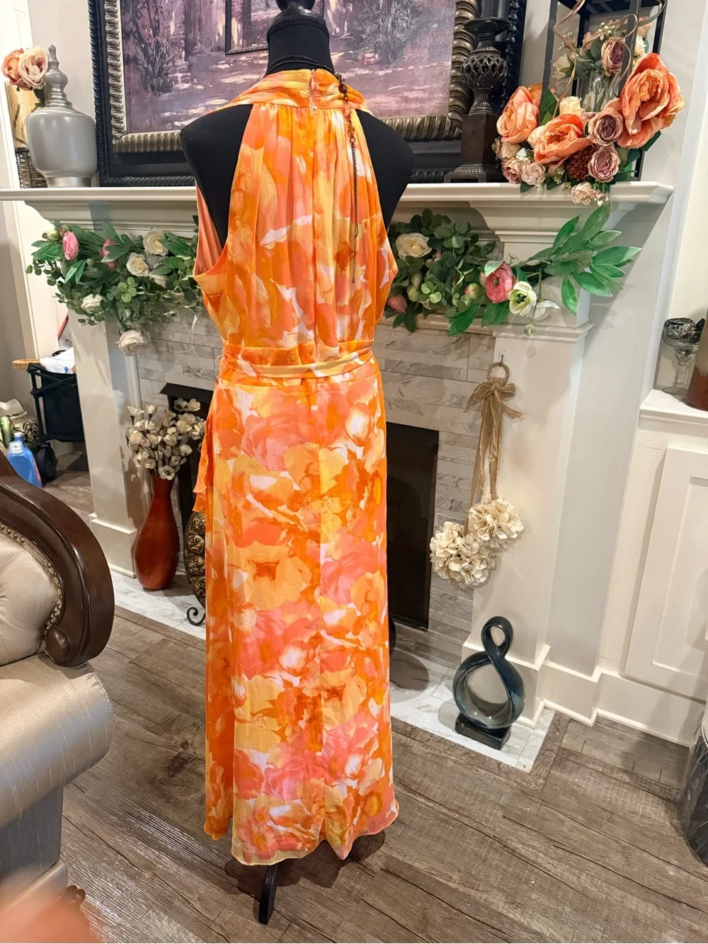 London Times Orange and Coral Floral Faux Floral Accent Dress Form Display